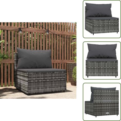 The Living Store Sofá central de jardín con cojines ratán sintético gris - Ratán sintético