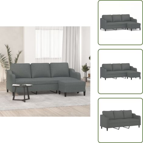 The Living Store Sofá de 3 plazas con taburete de tela gris oscuro 180 cm - Sofá con taburete