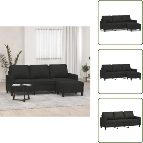 The Living Store Sofá de 3 plazas con taburete de tela negro 180 cm - Sofá con taburete