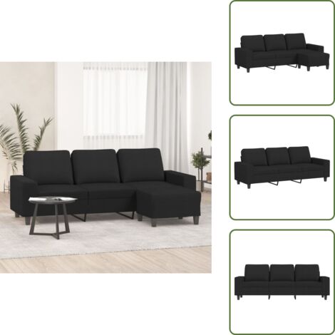 The Living Store Sofá de 3 plazas con taburete de tela negro 180 cm - Sofá con taburete