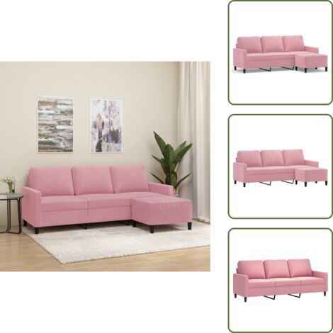 The Living Store Sofá de 3 plazas con taburete de terciopelo rosa180 cm - Sofá con taburete