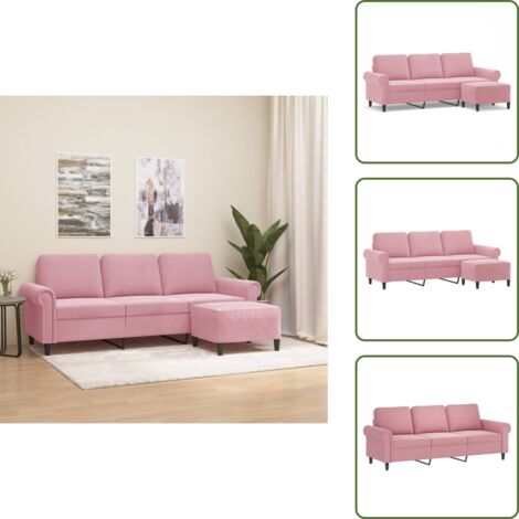 The Living Store Sofá de 3 plazas con taburete de terciopelo rosa180 cm - Sofá con taburete