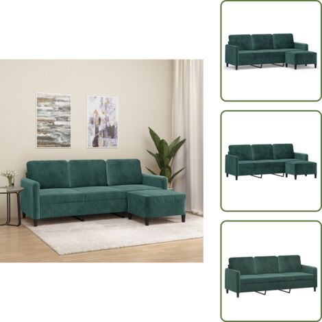 The Living Store Sofá de 3 plazas con taburete de terciopelo verde oscuro 180 cm - Sofá con taburete