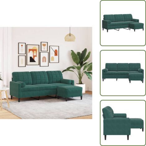 The Living Store Sofá de 3 plazas con taburete de terciopelo verde oscuro 180 cm - Sofá verde oscuro