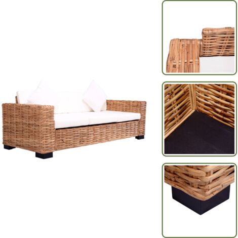 The Living Store Sofá de 3 plazas para jardín ratán natural - Sofá ratán