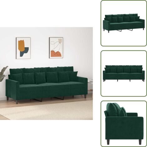 The Living Store Sofá de 3 plazas terciopelo verde oscuro 180 cm - Sofá de terciopelo