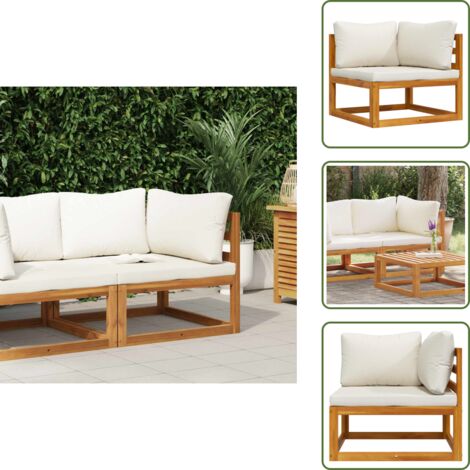 The Living Store Sofá de esquina seccional y cojín blanco crema madera de acacia - Sofá de jardín