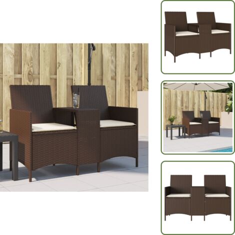 The Living Store Sofá de jardín 2 plazas con mesa y cojines ratán PE marrón - Sofá de jardín 2 plazas