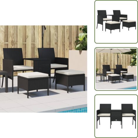 The Living Store Sofá de jardín 2 plazas con mesa y taburetes ratán PE negro - Mesa central