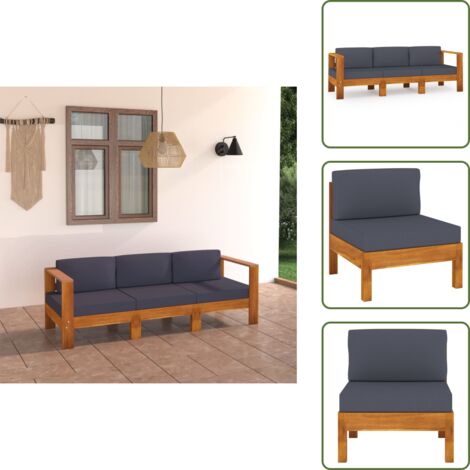 The Living Store Sofá de jardín 3 plazas con cojín gris oscuro madera de acacia - Sofá de exterior