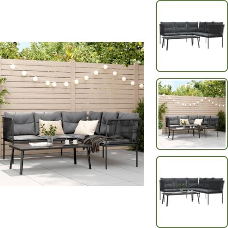 The Living Store Sofá de jardín con cojines acero y textilene negro - Cojín de asiento