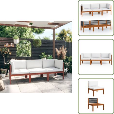 The Living Store Sofá de jardín de 3 plazas con cojín de madera de acacia y cuerda - Sofá de madera