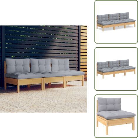 The Living Store Sofá de jardín de 3 plazas con cojines madera maciza pino gris - Sofá de exterior