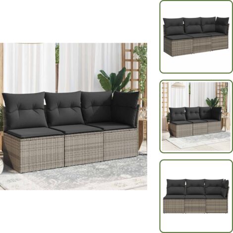 The Living Store Sofá de jardín de 3 plazas con cojines ratán sintético gris - Cojín sintético