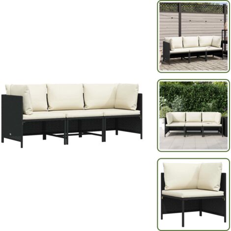 The Living Store Sofá de jardín de 3 plazas con cojines ratán sintético negro - Sofá exterior