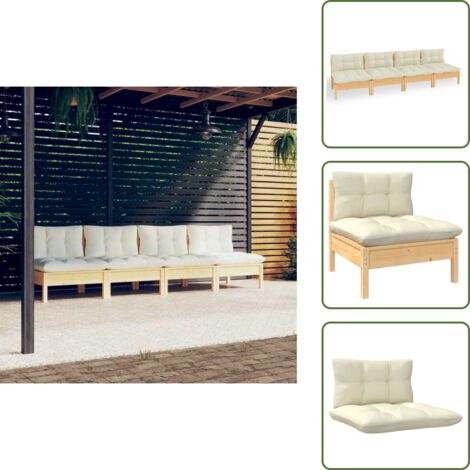The Living Store Sofá de jardín de 4 plazas con cojines madera maciza pino crema - Sofá de exterior