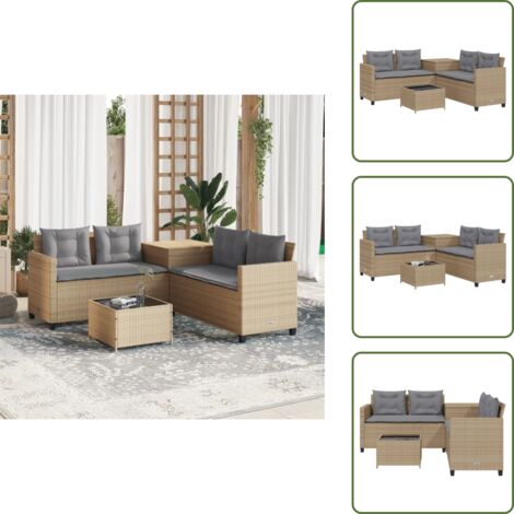 The Living Store Sofá de jardín en forma de L con mesa y cojines ratán PE beige - Mesa de jardín