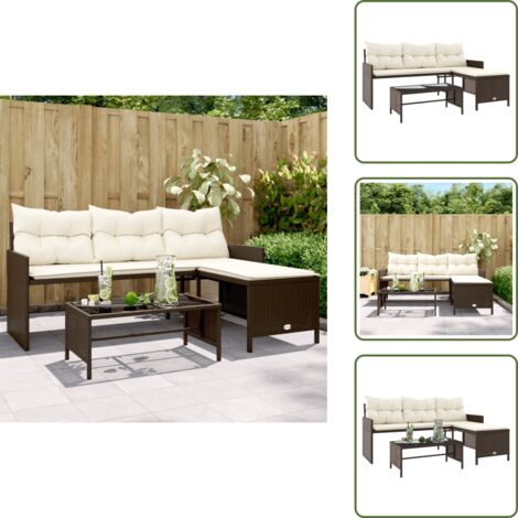 The Living Store Sofá de jardín en forma de L con mesa y cojines ratán PE marrón - Sofá de jardín en forma de L