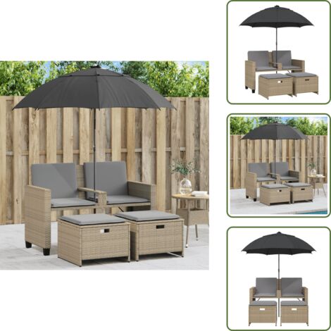 The Living Store Sofá jardín 2 plazas con sombrilla y taburetes ratán PE beige - Sombrilla