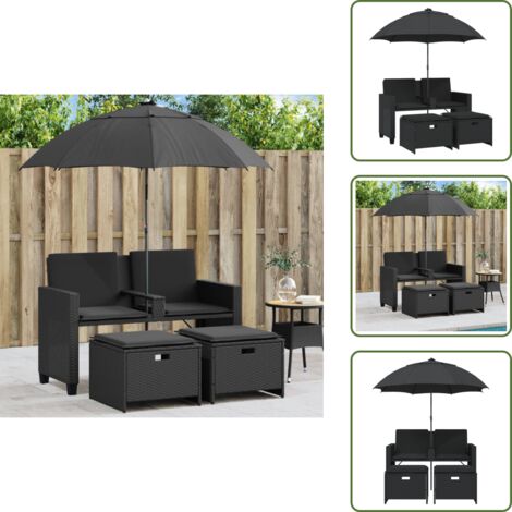 The Living Store Sofá jardín 2 plazas con sombrilla y taburetes ratán PE negro - Sombrilla