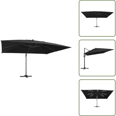 The Living Store Sombrilla voladiza luces LED y poste aluminio negra 400x300 cm - Luz LED