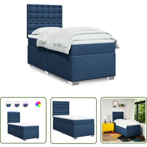 The Living Store Sommier à lattes de lit avec matelas Bleu 100x200 cm Tissu - Lit Plateforme - Lit Double - Lit Design - Matelas À Ressorts Ensachés - Éclairage Led