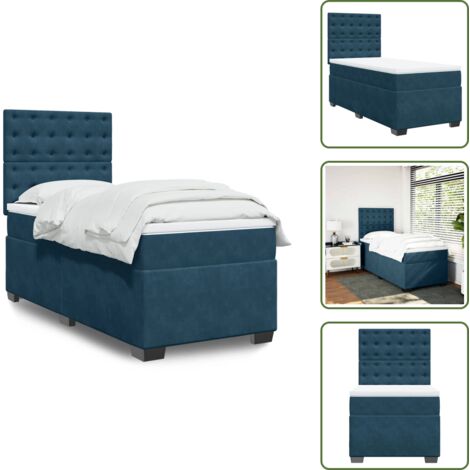 The Living Store Sommier à lattes de lit avec matelas bleu 90x200 cm velours - Lit Double - Lit Plateforme - Matelas À Ressorts Ensachés - Literie - Chambre À Coucher