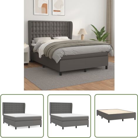 The Living Store Sommier à lattes de lit avec matelas Gris 140x190 cm Similicuir - Lit Plateforme - Lit Double - Literie - Chambre À Coucher - Meuble Design