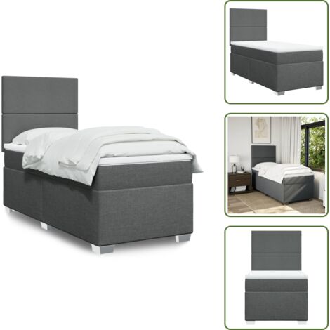 The Living Store Sommier à lattes de lit avec matelas Gris foncé 90x200 cm Tissu - Lit Double - Literie - Chambre À Coucher - Matelas À Ressorts Ensachés - Têtière Ajustable