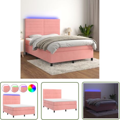 The Living Store Sommier à lattes de lit avec matelas LED Rose 140x190cm Velours - Lit Plateforme - Lit Capitonné - Lit Velours - Lit Avec Rangement - Tête De Lit Ajustable