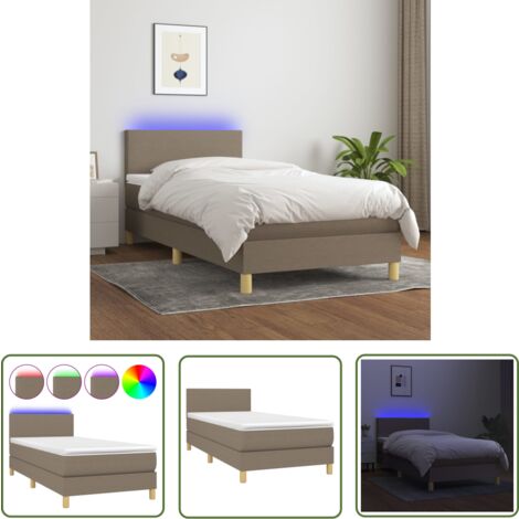 The Living Store Sommier à lattes de lit avec matelas LED Taupe 90x200 cm Tissu - Sommier Tapissier - Lit Avec Led - Matelas À Ressorts Ensachés - Têted Lit Ajustable - Éclairage LED