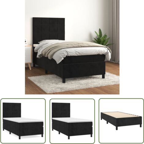 The Living Store Sommier à lattes de lit avec matelas Noir 90x200 cm Velours - Lit Tapissier - Lit Velours - Lit Double - Literie - Chambre À Coucher