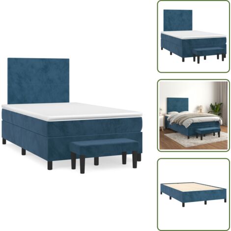 The Living Store Sommier à lattes de lit et matelas bleu foncé 120x190cm velours - Lit Double - Lit Avec Rangement - Lit Capitonné - Literie Bleue - Tête De Lit Ajustable