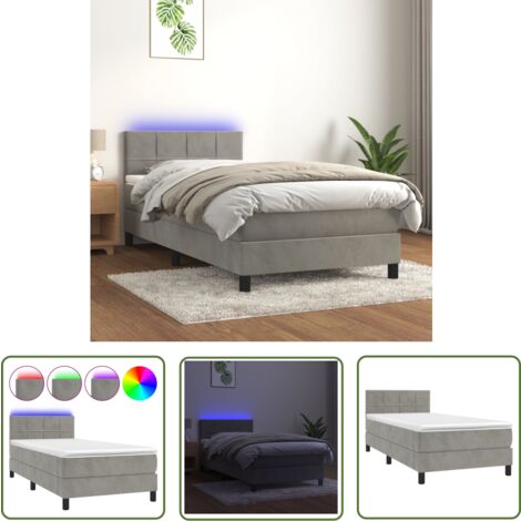 The Living Store Sommier à lattes de lit et matelas et LED Gris clair 90x190 cm - Lit Plateforme - Lit Velours - Lit Avec Éclairage Led - Lit Design - Lit Double