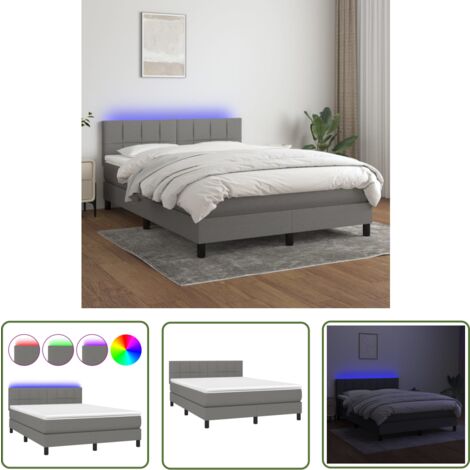 The Living Store Sommier à lattes de lit et matelas et LED Gris foncé 140x190 cm - Lit Plateforme - Lit Design - Lit Moderne - Lit Avec Rangement - Tête De Lit Ajustable