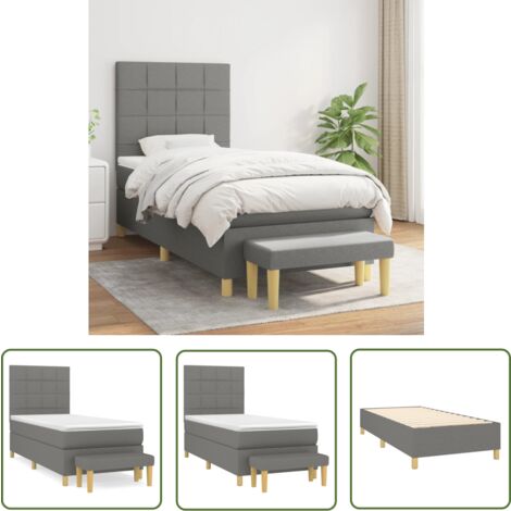 The Living Store Sommier à lattes de lit et matelas Gris foncé 90x190 cm Tissu - Lit Plateforme - Lit Double - Literie - Matelas Ressorts Ensachés - Têtière Ajustable