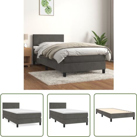 The Living Store Sommier à lattes de lit et matelas Gris foncé 90x190 cm Velours - Lit Tapissier - Lit Velours - Lit Double - Chambre À Coucher - Literie