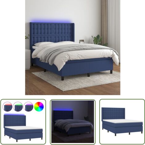 The Living Store Sommier à lattes de lit matelas et LED Bleu 140x200 cm Tissu - Sommier Tapissier - Lit Plateforme - Lit Avec Led - Matelas À Ressorts Ensachés - Têted Lit Ajustable