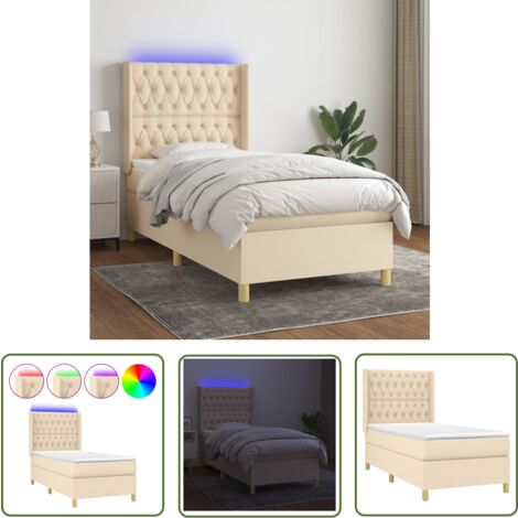 The Living Store Sommier à lattes de lit matelas et LED Crème 90x200 cm Tissu - Sommier Tapissier - Lit Plateforme - Lit Avec Rangement - Matelas À Ressorts Ensachés - Éclairage Led