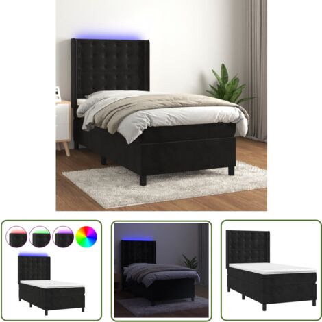 The Living Store Sommier à lattes de lit matelas et LED Noir 90x200 cm Velours - Lit Plateforme - Lit Design - Lit Capitonné - Lit Velours - Lit Avec Rangement