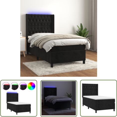 The Living Store Sommier à lattes de lit matelas et LED Noir 90x200 cm Velours - Lit Tapissier - Lit Avec Led - Lit Velours - Tête De Lit Réglable - Matelas À Ressorts Ensachés