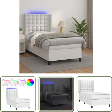 The Living Store Sommier à lattes de lit matelas LED Blanc 100x200 cm Similicuir - Lit Plateforme - Lit Design - Lit Moderne - Lit Capitonné - Lit Avec Rangement