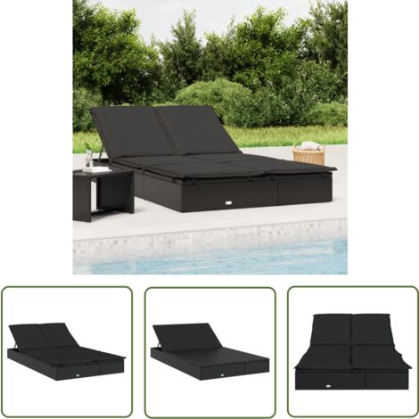The Living Store Sonnenliege für 2 Personen mit Auflage Schwarz Poly Rattan - Sonnenliege - Gartenmöbel - Outdoor Möbel - Relaxsessel - Lounge Chair