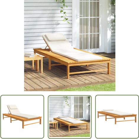 The Living Store Sonnenliege mit Cremeweißem Kissen & Auflage Massivholz Akazie - Holzliege - Gartenliege - Sonnenliege - Liege - Akasieholzmöbel
