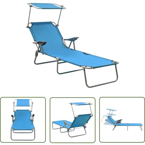 The Living Store Sonnenliege mit Sonnendach Stahl Blau - Sonnenliege - Gartenliege - Strandliege - Relaxliege - Poolliege