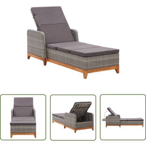 The Living Store Sonnenliege Poly Rattan und Massivholz Akazie Grau - Sonnenliege - Gartenliege - Lounge Chair - Outdoor Möbel - Rattan Möbel