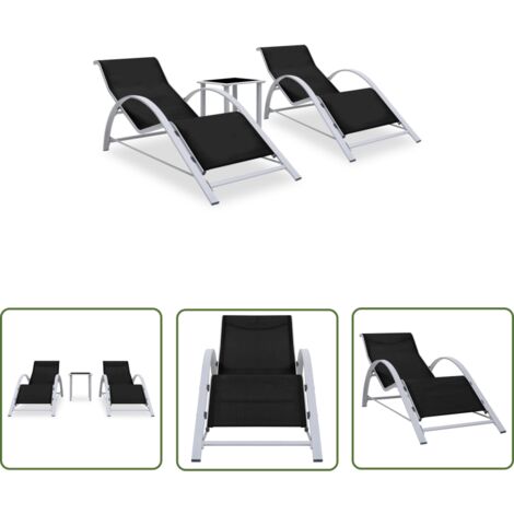 The Living Store Sonnenliegen 2 Stk. mit Tisch Aluminium Schwarz - Gartensonnenliegen - Lounge Möbel - Gartenset - Alu Sonnenschirm - Außenmöbel