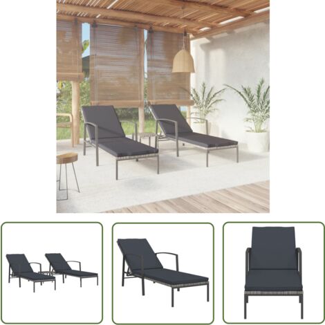 The Living Store Sonnenliegen 2 Stk. mit Tisch Poly Rattan Grau - Rattan Möbel - Gartenmöbel - Sonnenschirm - Lounge Set - Outdoor Furniture