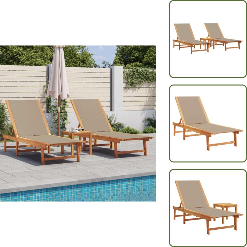 Vidaxl Sonnenliegen 2 Stk. Mit Tisch Taupe Massivholz Akazie Textilene - Sonnenliegen - Gartenmöbel - Holz Möbel - Akzidenzholzmöbel - Außenmöbel - The