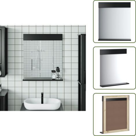 The Living Store Specchio Bagno e Ripiano BERG Nero 60x12x70 cm Legno Massello - Ripiano portaoggetti